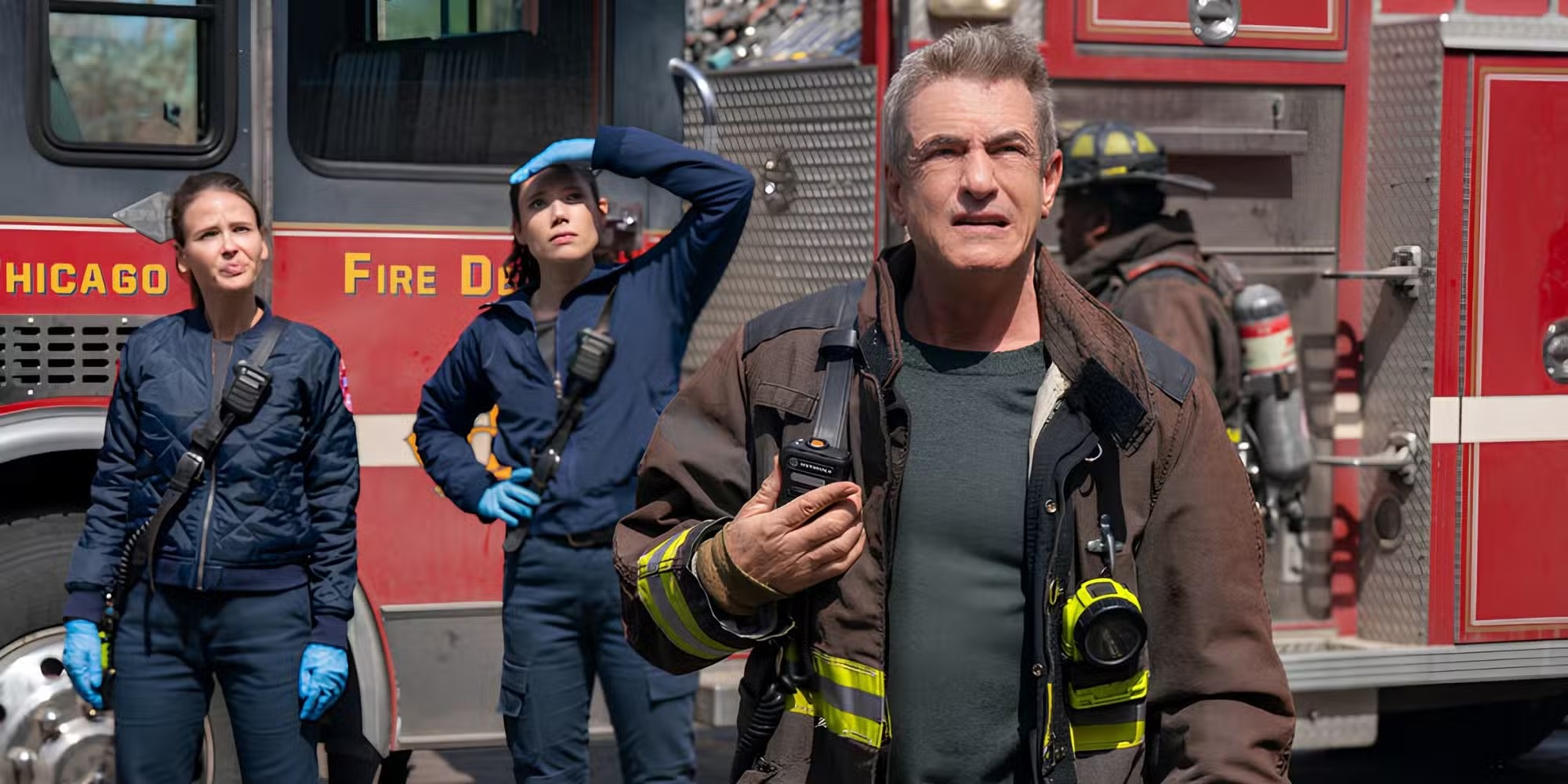 Novak jocelyn hudon violet hanako greensmith chief pascal dermot mulroney looking on helpless chicago fire season 14 finale thank you (1)